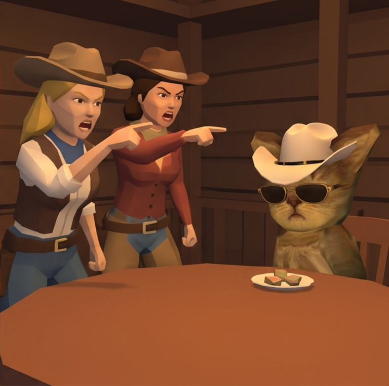 Two cowgirls yelling at an unbothered Catboy